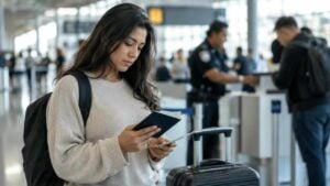Viajera revisa su pasaporte y documentos en un aeropuerto