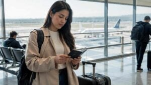 Viajero revisando su documento de viaje en un aeropuerto