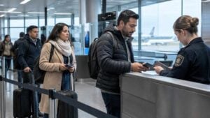 Viajeros colombianos revisan sus documentos en un aeropuerto internacional