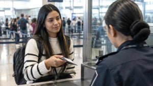 Viajera colombiana presenta su documento ante un control migratorio en Paraguay
