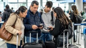 Familia viajera revisa documentos de identidad en una terminal