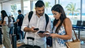 Viajeros colombianos revisan documentos y equipaje en un aeropuerto del Caribe