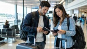 Pareja revisa documentos de viaje junto a su equipaje en un aeropuerto