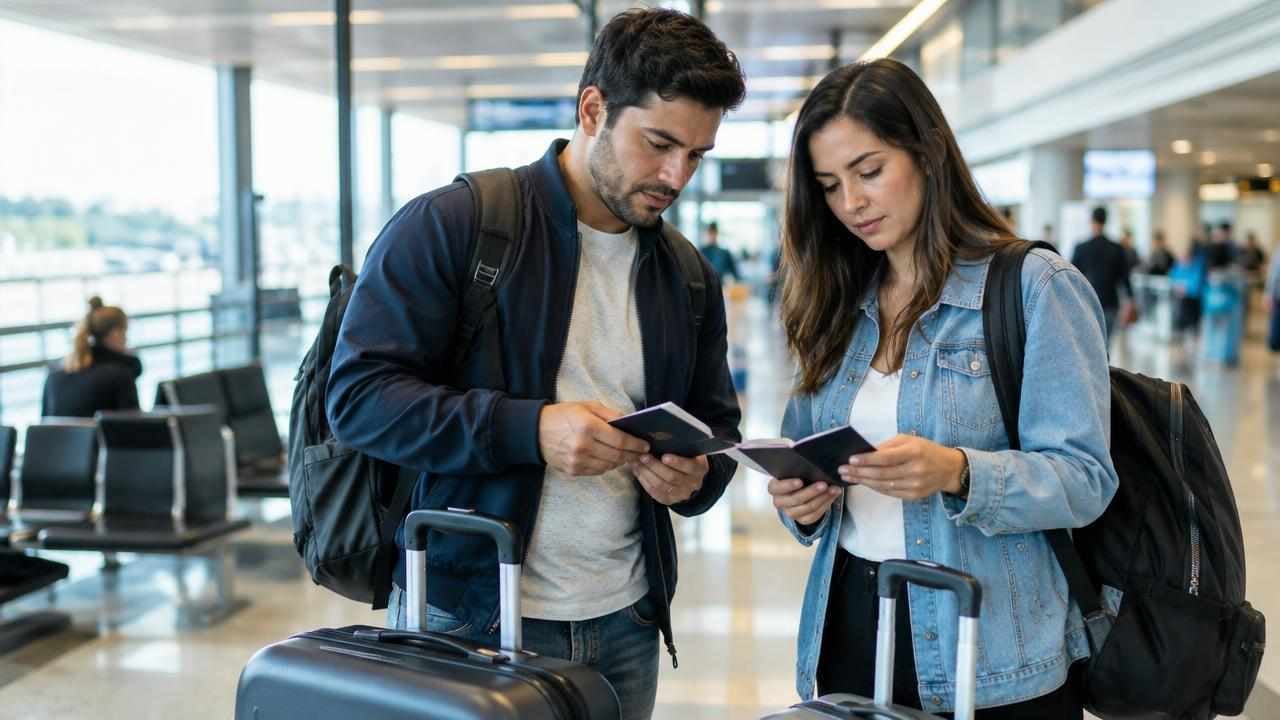 Requisitos para viajar a Qatar desde Colombia: entrada sin visa previa y seguro médico obligatorio 1 Pareja revisa documentos de viaje junto a su equipaje en un aeropuerto