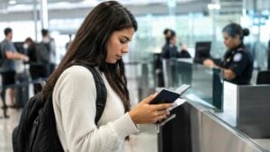 Viajera revisa su pasaporte y documentos en un control aeroportuario