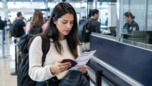 Viajero revisando su pasaporte y formulario migratorio en un aeropuerto