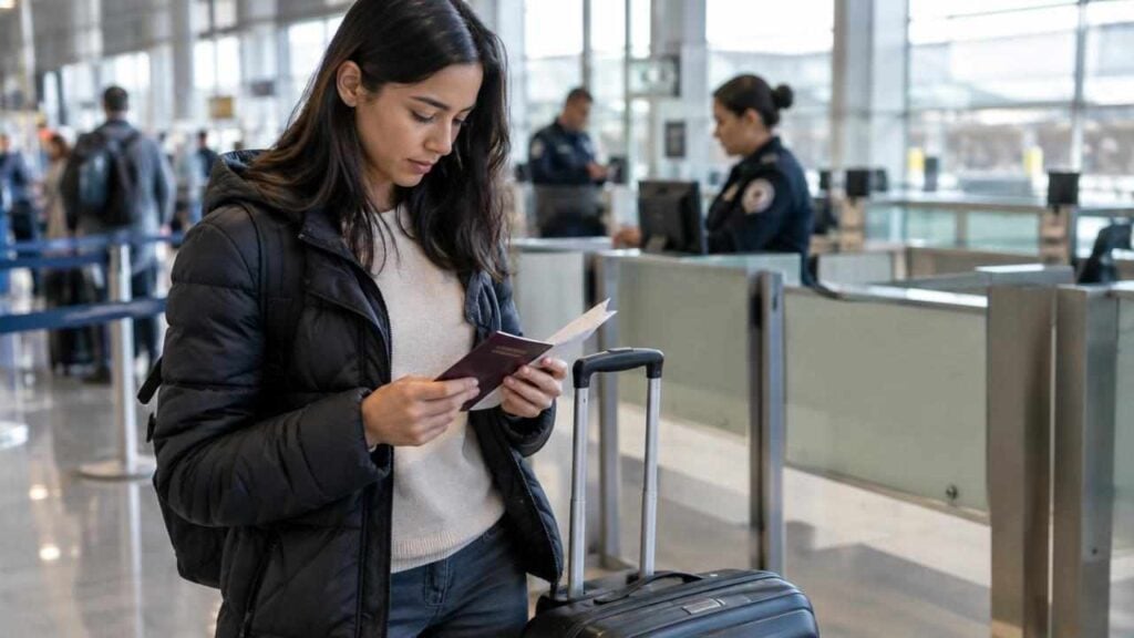 Viajera revisa su pasaporte y documentos en un aeropuerto