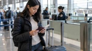 Viajera revisa su pasaporte y documentos en un aeropuerto