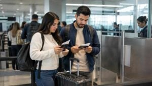 Viajeros colombianos revisan sus documentos en un aeropuerto internacional