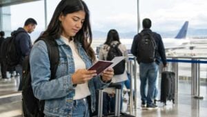 Viajero revisa su pasaporte y documentos en un aeropuerto
