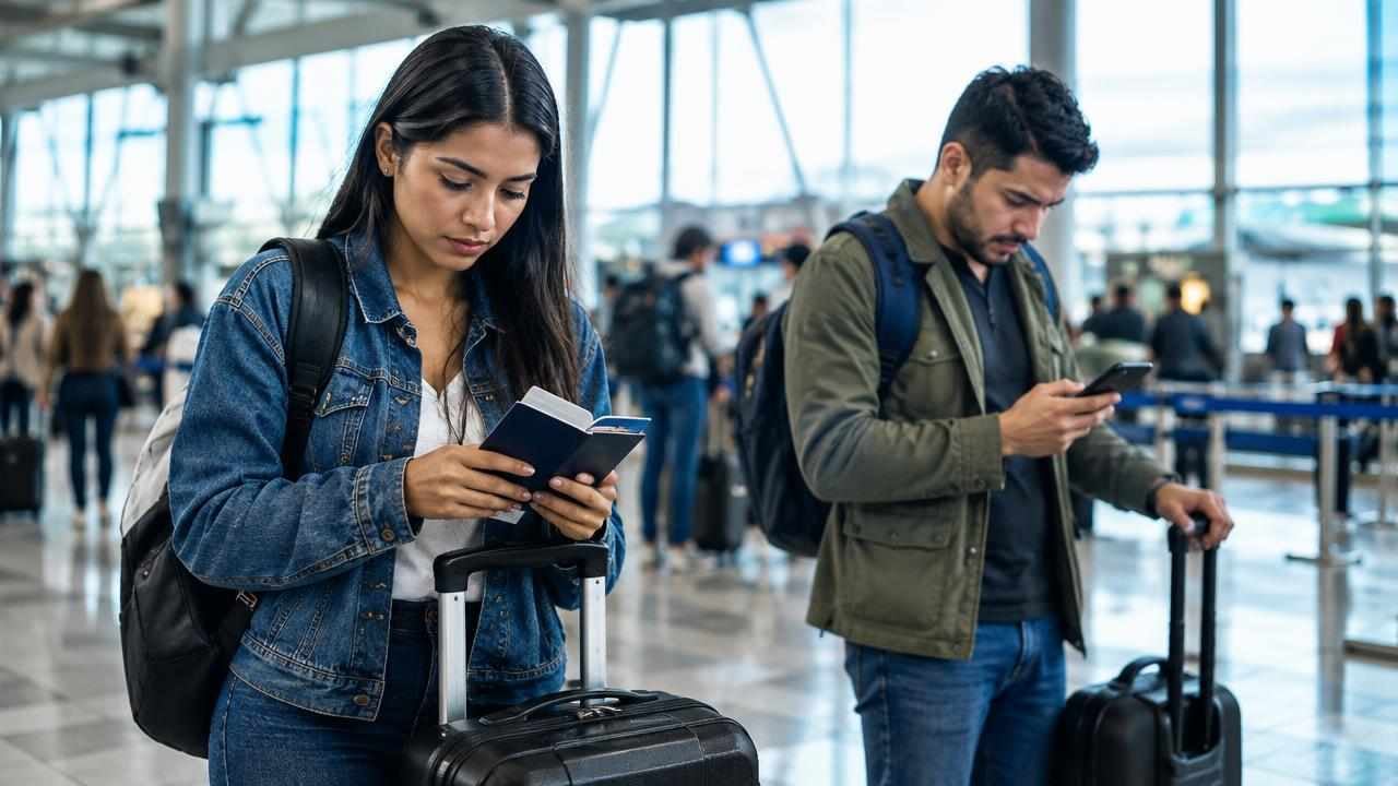 Requisitos para viajar a Ucrania desde Colombia: sin visa por 90 días y con pasaporte válido 1 Viajero revisa su pasaporte y documentos junto a una maleta en un aeropuerto