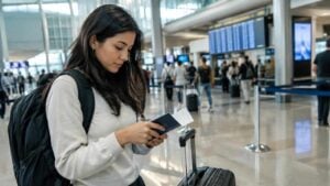 Viajero revisa su pasaporte y documentos en un aeropuerto