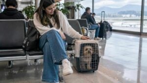 Persona con un perro pequeño dentro de un guacal en un aeropuerto