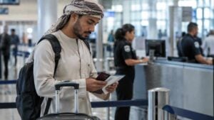 Viajero revisando su pasaporte y documentos en un aeropuerto
