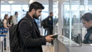 Viajero revisando su pasaporte y documentos en un aeropuerto