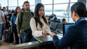 Pasajeros presentan sus documentos en la sala de embarque de un aeropuerto