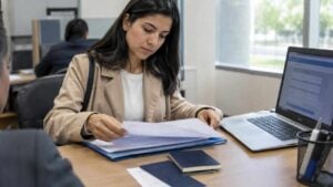 Persona organiza documentos y pasaporte para solicitar una visa