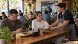 Un mesero atiende a dos clientes en la barra de un restaurante mientras uno consulta su teléfono