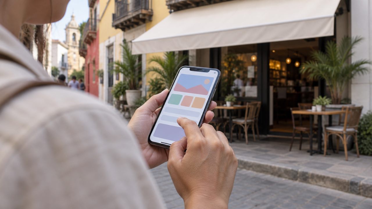 Cliente consulta el perfil de un restaurante en su teléfono móvil antes de entrar