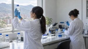 Dos analistas trabajan con muestras de agua, un microscopio y una pipeta en un laboratorio iluminado con luz natural.