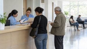 Funcionarias revisan documentos con usuarios en el área administrativa de un hospital.