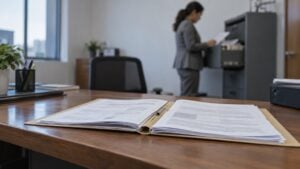 una carpeta con documentos abierta sobre un escritorio en una oficina institucional.