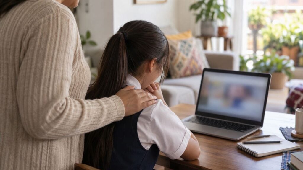 Una estudiante revisa en un portátil sus resultados junto a su madre