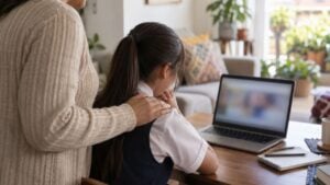 Una estudiante revisa en un portátil sus resultados junto a su madre