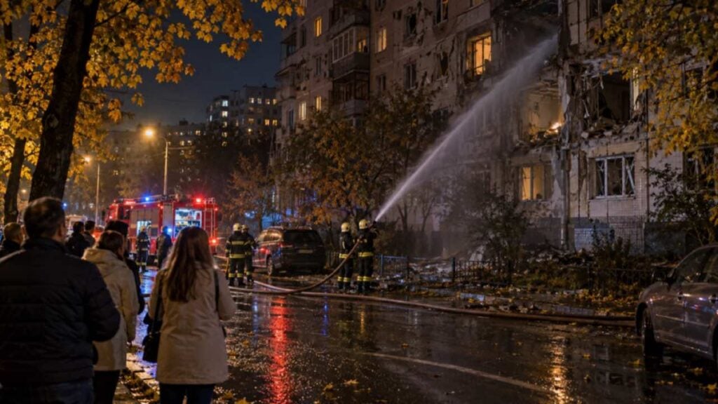 bomberos rocían agua sobre un edificio residencial dañado en Kiev de noche, con vecinos abrigados mirando desde la calle.