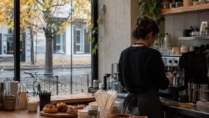 Persona atiende detrás del mostrador de una cafetería urbana en un día de otoño