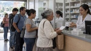 Personas adultas esperan la entrega de medicamentos en una farmacia genérica.