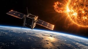Ilustración de un nanosatélite con paneles solares en órbita baja sobre la Tierra frente a un Sol muy activo.
