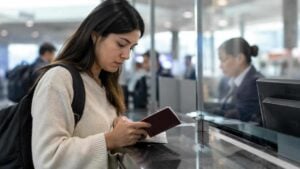 Viajera colombiana revisa documentos migratorios en una terminal aérea