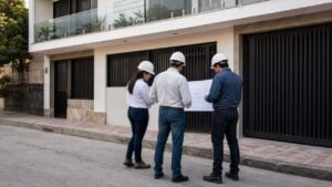 Tres técnicos con casco revisan planos frente a un edificio residencial en buen estado