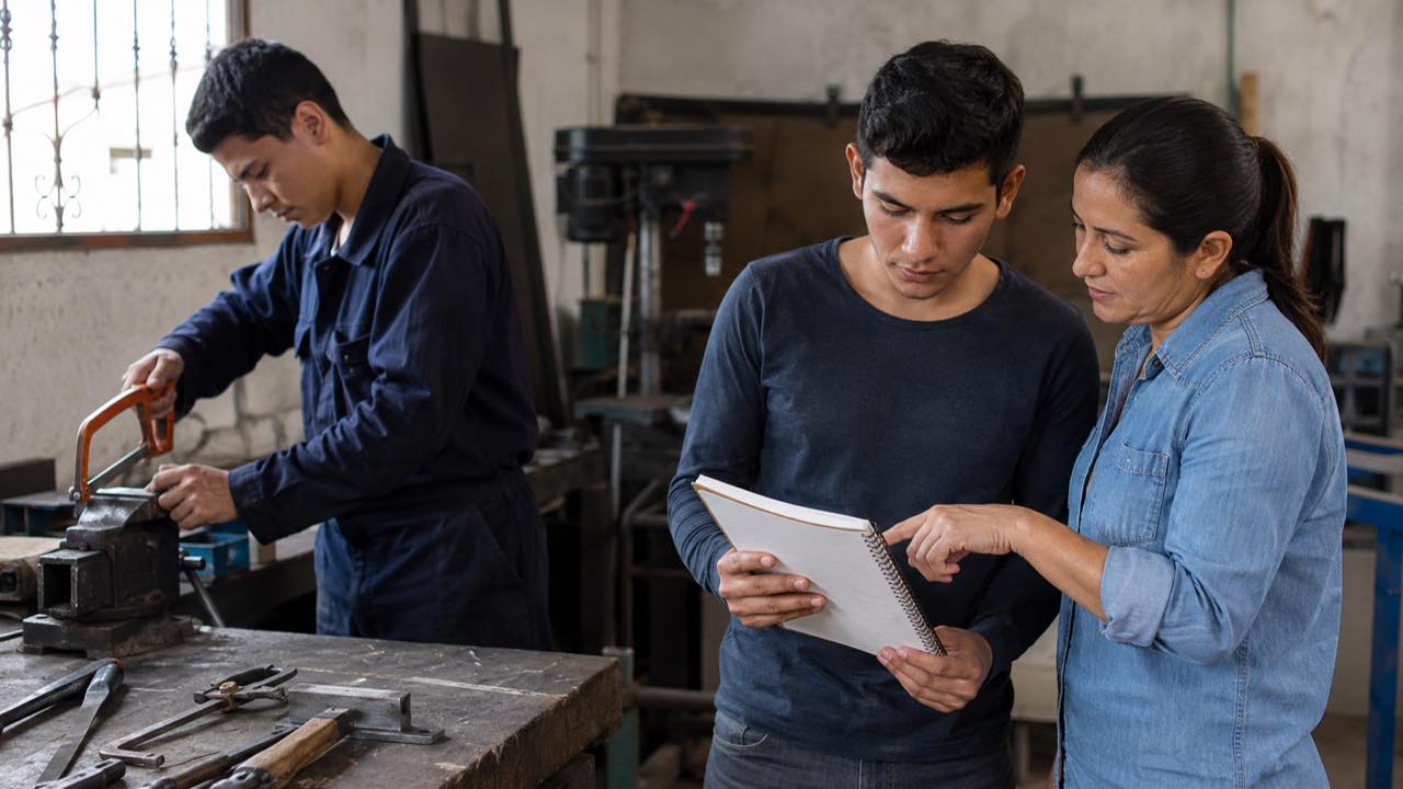 El SENA ejecutó 259.700 contratos de aprendizaje en 2026: a los jóvenes les pagan $1.313.178 en la etapa lectiva 1 Jóvenes adultos realizan una práctica técnica en un taller genérico junto a una instructora.