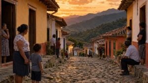 Vecinos adultos reunidos en una calle de un pueblo montañoso al atardecer.