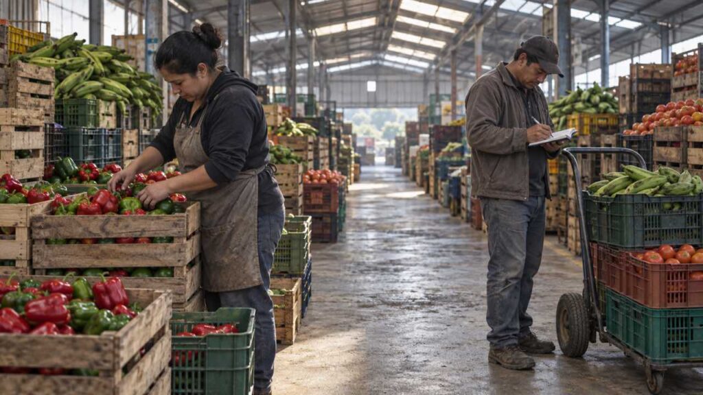 Comerciantes organizan pimentones, tomates y plátanos en el pasillo de una central mayorista.