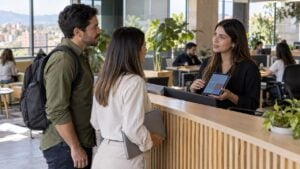 Una recepcionista confirma una reserva en una tableta mientras dos personas esperan en un coworking