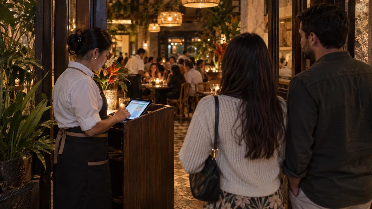 Mesera revisa la lista de reservas en una tableta en la entrada de un restaurante