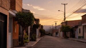 Postes y cables de energía sobre una calle residencial colombiana al atardecer