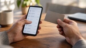 Una persona revisa en el celular los movimientos de su tarjeta de crédito.