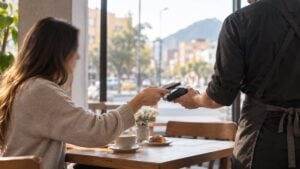 Mujer paga con el celular en un datáfono dentro de una cafetería de Bogotá