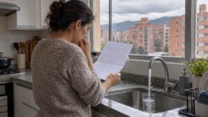 Una mujer revisa una factura de papel en la cocina de un apartamento en Bogotá, junto a un grifo abierto y con edificios de ladrillo por la ventana.
