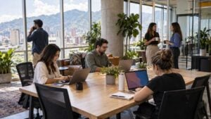 Profesionales trabajan en puestos compartidos de un espacio de coworking iluminado por luz natural