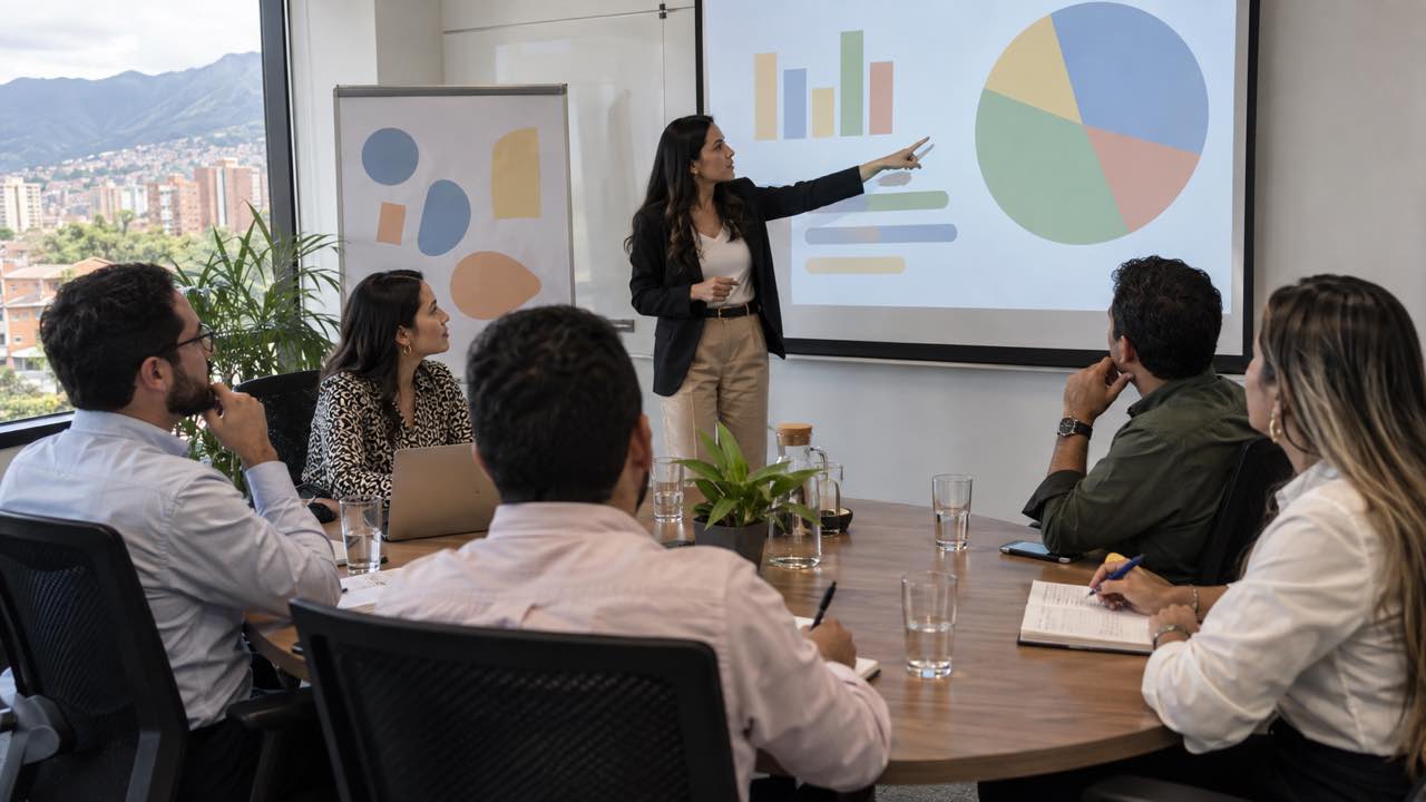 El DANE contó teletrabajo en 1.284 empresas industriales de 5.973: entre ellas domina el esquema mixto 3 Equipo de trabajo reunido alrededor de una mesa en una sala de juntas con pantalla de proyección