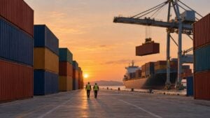 trabajadores portuarios caminan entre contenedores mientras una grúa carga un buque.