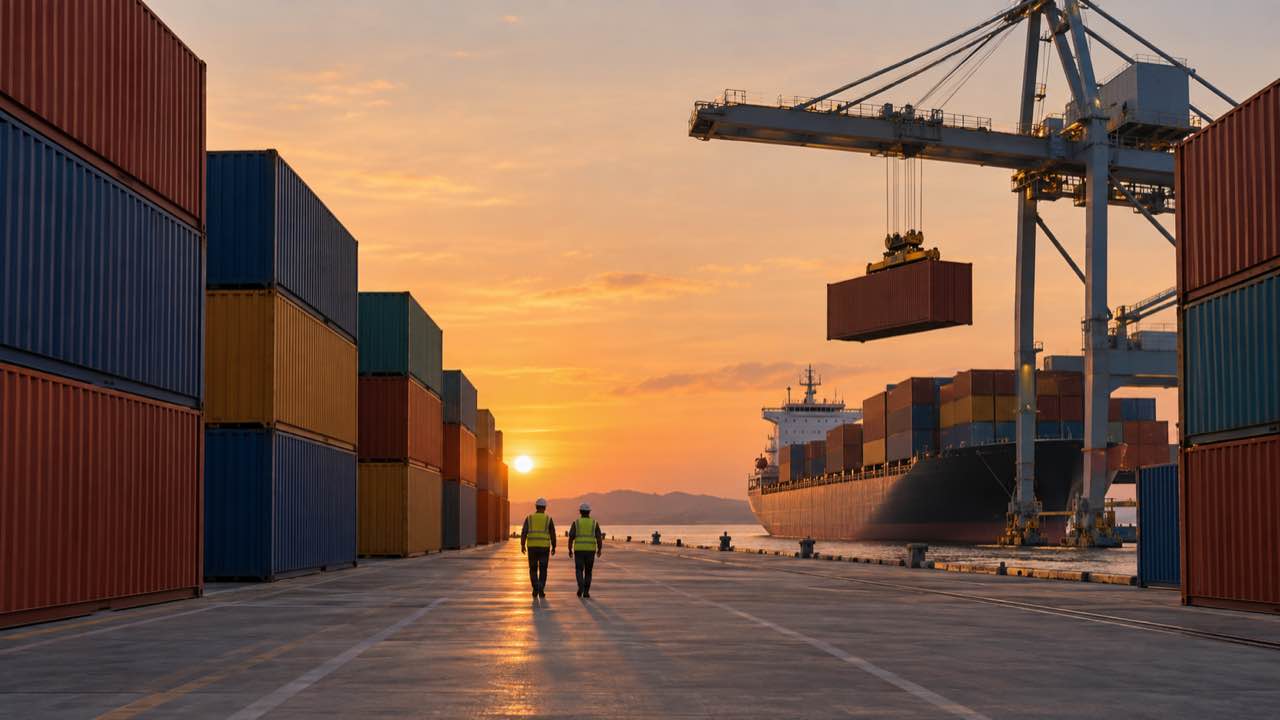 El Tesoro de EE. UU. alarga al 10 de enero la tregua de aranceles con China: Trump recibió a Xi en la pista de la base Andrews 1 trabajadores portuarios caminan entre contenedores mientras una grúa carga un buque.