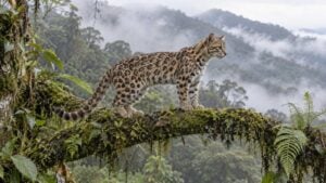 Pequeño felino beige con manchas abiertas sobre una rama musgosa en un bosque nublado andino.
