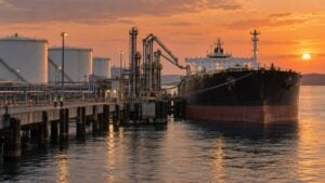 Buque tanque carga crudo en un puerto petrolero al atardecer con dos operarios en el muelle
