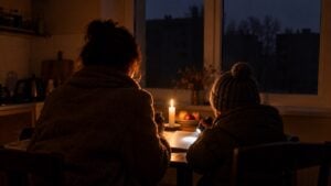 Mujer y niño con abrigos iluminados por una vela y una linterna durante un apagón nocturno